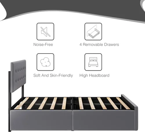 Vista 8 de Base de cama tamaño Queen con 4 cajones de almacenamiento, base de cama tapizada gris con cabecera y listones de madera, no necesita somier (Queen)
