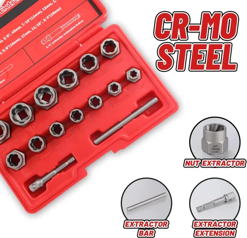 Vista 2 de Juego de 15 extractores de pernos, juego de extractor de pernos Easy Out de 3/8'', juego removedor de pernos dañados y extractor de tuercas