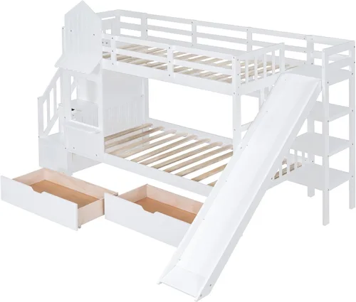 Vista 282 de Cama de casa de tamaño individual con elegantes ventanas y estantería, litera con diseño de castillo de madera con barandillas de seguridad
