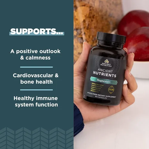 Vista 3 de Suplemento de magnesio de Ancient Nutrition, magnesio 300 mg con vitamina D para apoyo inmunológico, hierbas adaptogénicas, activadas con enzimas
