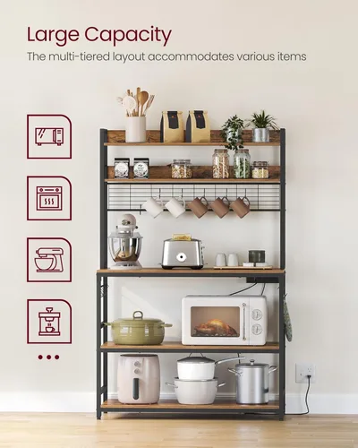 Vista 60 de VASAGLE Hutch - Estante para panaderos con toma de corriente, soporte para microondas de 14 ganchos, barra de café ajustable con panel de alambre