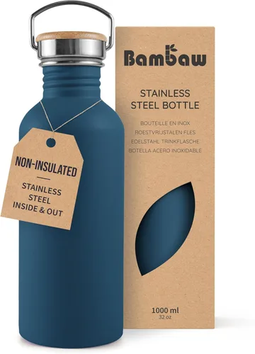 Vista 21 de Bambaw Botella de agua de acero inoxidable de 16 onzas, botella deportiva azul marino, no aislada, de pared simple, botella de agua pequeña de metal