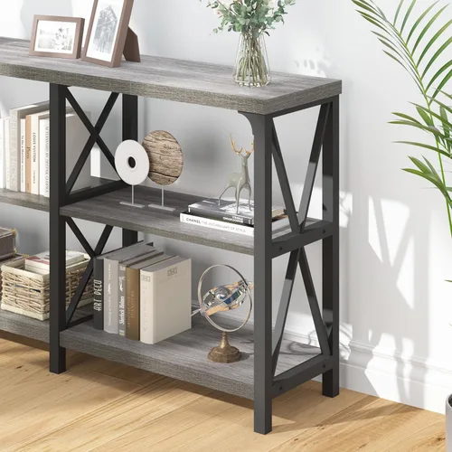 Vista 38 de IBF Mesa de entrada de granja, mesa consola larga rústica detrás del sofá, moderna mesa de sofá de madera de metal con estantes de almacenamiento