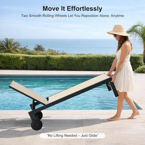 Vista 5 de PURPLE LEAF Tumbona para exteriores con ruedas para exteriores, 2 piezas, silla de patio de aluminio con 5 posiciones ajustables reclinables