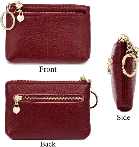 Vista 3 de ZOOEASS Mini monedero con cremallera de cuero genuino para mujer, con llavero con triple cremallera, tarjetero