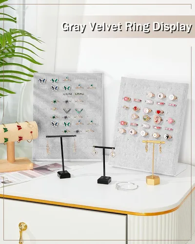Vista 3 de Henoyso 4 piezas de anillo de terciopelo exhibición 50 ranuras en forma de L anillo soporte bandeja soporte para la venta de joyas de pendientes