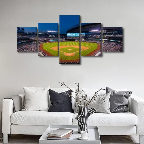 Vista 4 de TUMOVO T-MOBILE PARK - Arte de pared para sala de estar, lienzo de estadio de Seattle, 5 piezas, arte moderno de decoración de pared