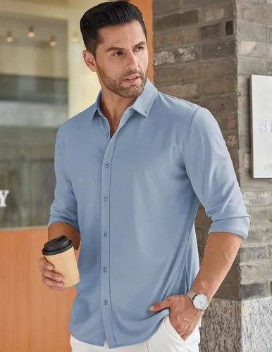 Vista 3 de COOFANDY Camisa de vestir de manga larga para hombre, camisas casuales con botones, sin arrugas