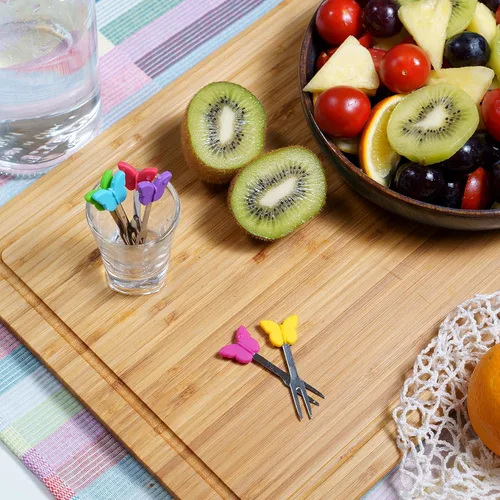 Vista 3 de Tenedores de cóctel, 6 tenedores de aperitivos, mariposas, tenedores pequeños de acero inoxidable y silicona para frutas, queso, aperitivos