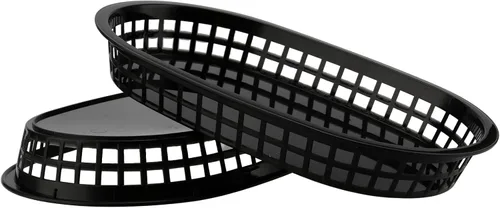 Vista 4 de Paquete de 30 cestas de plástico negro de 10.5 x 7 pulgadas, cestas de servicio de restaurante, cesta plana ovalada de comida rápida para picnic