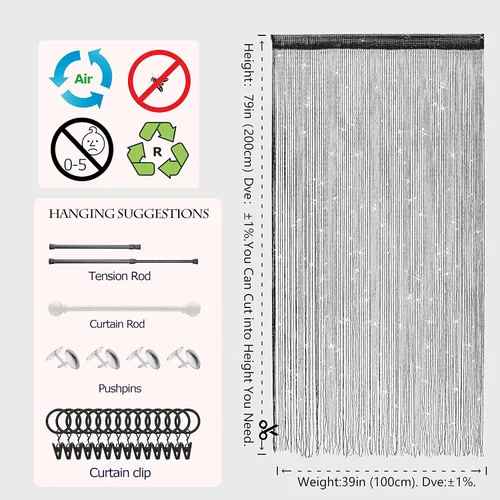 Vista 4 de 2 cortinas con tiras para puerta, divisor de sala de estar, dormitorio, puerta, colgante, decoración de lentejuelas hippie con flecos, cortinas