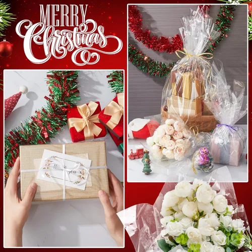 Vista 6 de Tigeen Rollo de celofán transparente con 6 rollos de cintas, 16 pulgadas x 100 pies, papel de celofán grueso translúcido de 2.3 mil para cestas