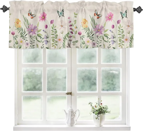 Vista 14 de Cortinas de cenefa de eucalipto azul con hojas de acuarela para ventana de cocina, baño, dormitorio, sala de estar, granja, 1 panel de cortina corta