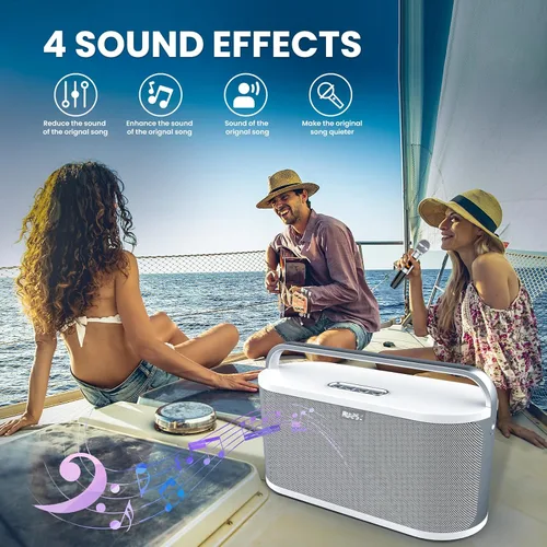 Vista 4 de RHM Máquina de karaoke K888 con sonidos potentes y claros, 2 micrófonos inalámbricos y ajuste de eco, agudos y bajos, 8 horas de reproducción