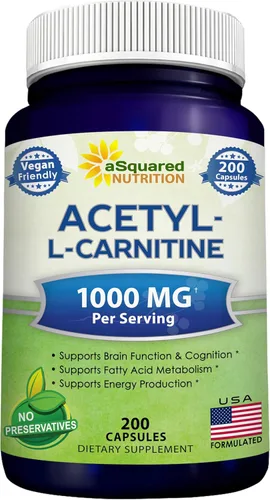 aSquared Nutrition Acetyl L-Carnitine 1000mg Max Strength - 200 cápsulas vegetales - Alta dosis de acetil L carnitina HCL (ALCAR) suplemento