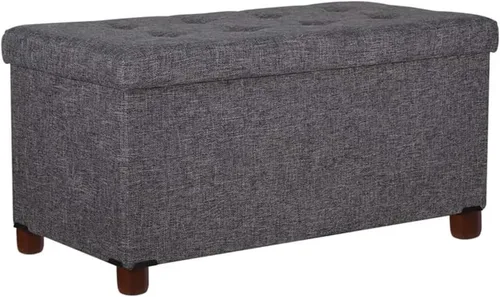Vista 8 de Banco otomano de almacenamiento de 30 pulgadas, gris recto, moderno, estilo clásico, tela de lino, patas de madera de nogal