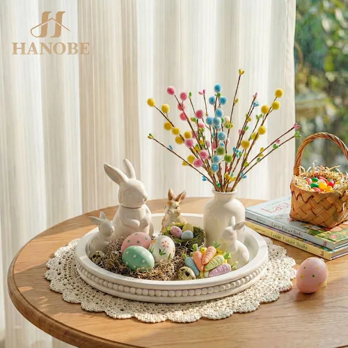 Vista 8 de Hanobe - Bandeja decorativa para mesa de café: Bandeja redonda con cuentas blancas, moderna, bandeja de servir de estilo granja, pieza central Blanco