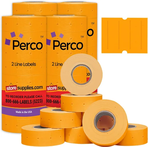 Vista 33 de Perco Etiquetas amarillas de 2 líneas, 8 rollos, 1 manga, 6,000 etiquetas de precio en blanco y fecha para pistolas Perco de 2 líneas de precio