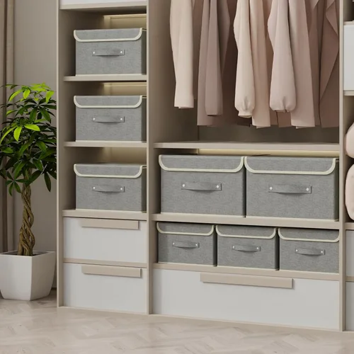 Vista 2 de Cajas de almacenamiento, contenedores de almacenamiento plegables con tapas, cestas de almacenamiento de tela de algodón y lino con asa