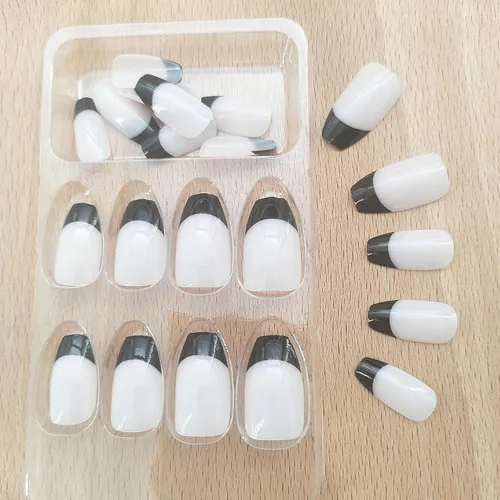 Vista 3 de Uñas postizas de punta francesa negra a presión, uñas postizas cortas de otoño, uñas acrílicas semitransparentes a presión, reutilizables