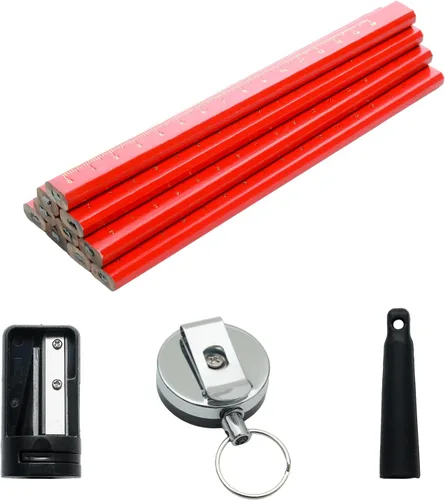 Juego de 12 lápices de carpintero rojos, lápices de construcción de carpintería de 7 pulgadas con sacapuntas y soporte retráctil para trabajadores