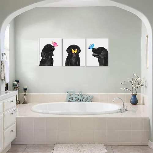 Vista 3 de KLVOS Arte de pared de animales de perro para cuarto de bebé, mariposa en nariz de perro, decoración de pared de habitación de niños, 3 paneles