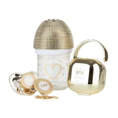 Lujoso juego de 3 chupetes de bebé y biberón personalizados con nombre para niño y niña, 0-6 meses, 6-18 meses, regalo de baby shower, juego de