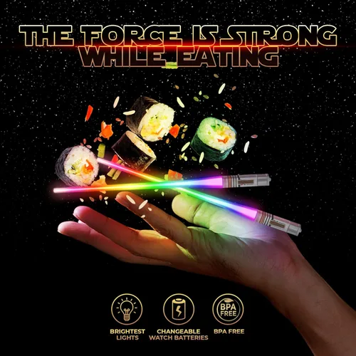 Vista 7 de SaberChops - Palillos de sable de luz con luz LED de Star Wars, reutilizables, 8 modos de color, 4 pares gratis, llavero de halcón milenario