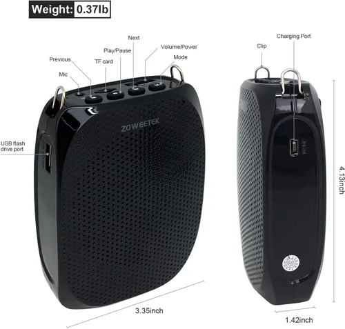 Vista 9 de ZOWEETEK ZW-Z258 Mini amplificador de voz recargable portátil para profesores con micrófono con cable y cintura, compatible con formato MP3 audio