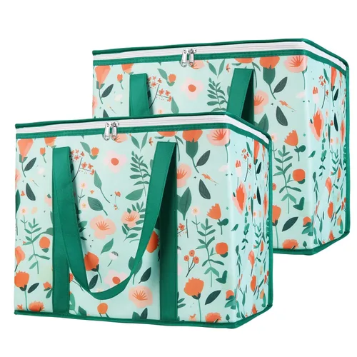 Vista 12 de Bodaon Paquete de 2 bolsas de comestibles reutilizables aisladas de servicio pesado, bolsa térmica, extra grande para alimentos congelados