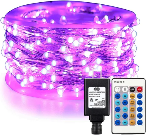 Vista 12 de RUICHEN Luces de hadas moradas regulables enchufables, 33 pies, 100 luces LED parpadeantes con control remoto, luces de alambre plateado