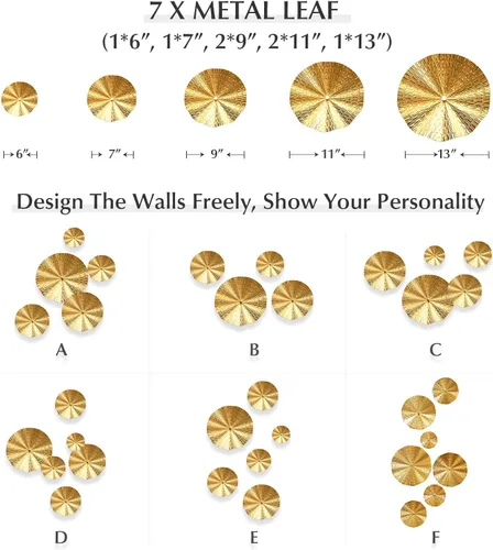 Vista 4 de Decoración de pared dorada para sala de estar, pasillo, 7 piezas de arte de pared de metal, esculturas colgantes para decoración de dormitorio
