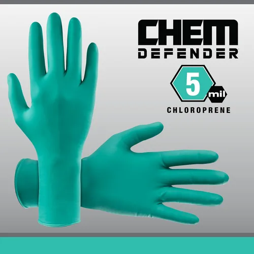 Vista 3 de Guantes desechables de cloropreno sin polvo ChemDefender 5 mil - mediano Resistencia química, dedos con textura, puño extendido de 12", de un
