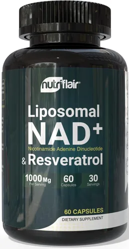 NutriFlair Suplemento liposomal NAD+ con resveratrol 1000 mg por porción, 60 cápsulas – Alta absorción, sin OMG, fabricado en Estados Unidos