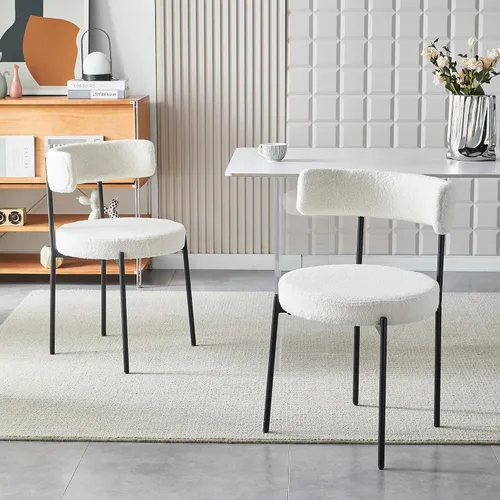 Vista 6 de Honyee Sillas de comedor blancas, juego de 2 sillas de comedor modernas, sillas de comedor redondas de forro polar de peluche, sillas de comedor