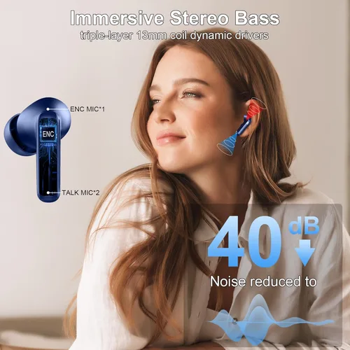 Vista 3 de Auriculares inalámbricos Nerunsa, auriculares Bluetooth 5.4 HiFi estéreo, 50H de tiempo de reproducción, auriculares intrauditivos con micrófonos