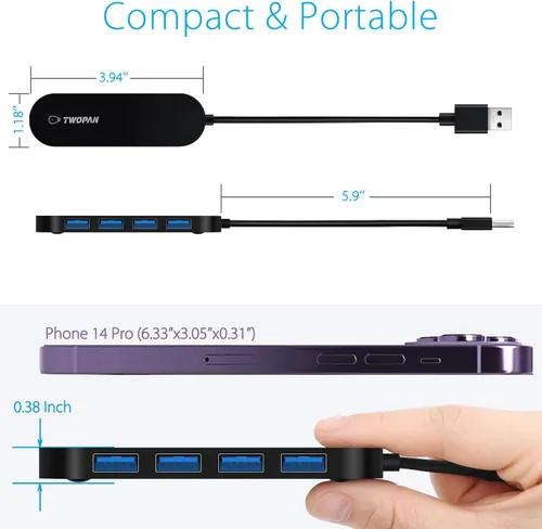 Vista 4 de Hub USB 3.0 de 4 puertos, adaptador multipuerto USB ultra delgado para laptop, escritorio, Mac, Surface Pro, XPS, mouse, teclado, unidad flash