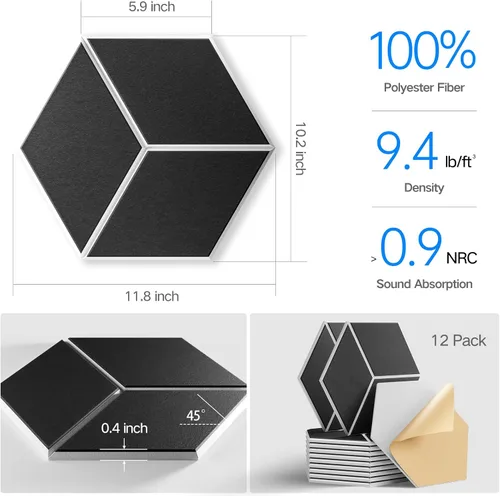 Vista 289 de Paquete de 12 paneles acústicos autoadhesivos de 12 x 10 x 0.4 pulgadas, paneles de espuma a prueba de sonido con alta densidad, elegante diseño