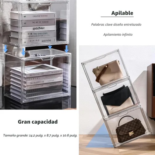 Vista 3 de vitrina de acrílico transparente, contenedores de almacenamiento de plástico apilables con tapa de atracción magnética, escaparate para cosméticos