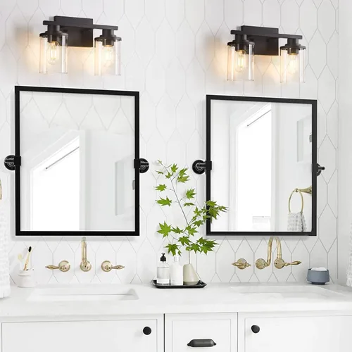Vista 6 de Accesorios de iluminación de baño, Luz de tocador de baño mate negra de 2 luces, Luces de tocador con base de metal y pantalla de vidrio