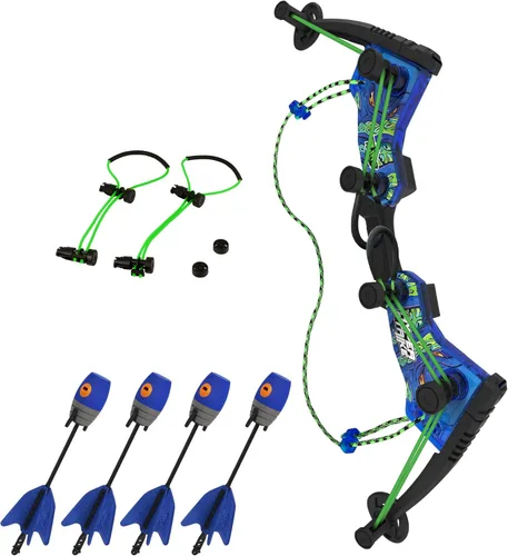 Zing HyperStrike Dominator Bow Pack – 1 arco dominador azul, 4 flechas de silbato zónico azul, 1 juego de repuesto de cuerda elástica y 1 correa