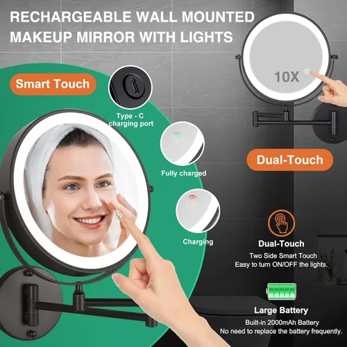 Vista 3 de Espejo de maquillaje iluminado de 8.5'' con aumento, espejo de aumento de doble cara de 1X/10X con luces, espejo de baño giratorio de 360° con brazo