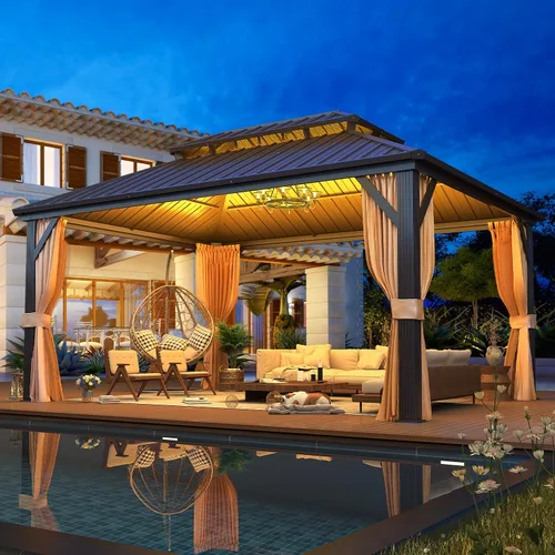 Vista 8 de EROMMY - Kiosco de techo rígido de 12 x 16 pies, kiosco de techo doble de acero galvanizado con marco de aluminio, permanente, de metal