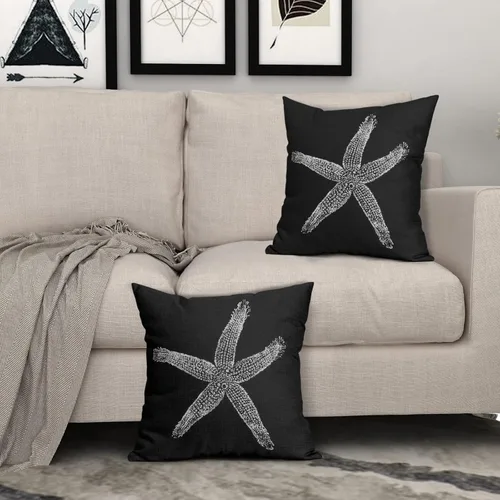 Vista 3 de Sweetshow Juego de 2 fundas de almohada cuadradas de lino con estrellas de mar negras de 16 x 16 pulgadas, decoración náutica costera de playa