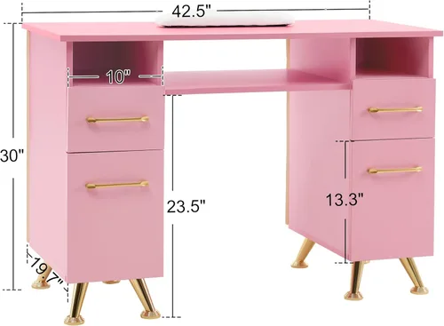 Vista 3 de BarberPub Mesa de manicura con cajones, escritorio de uñas resistente a la acetona, equipo de almacenamiento de salón de spa 2671 (rosa intenso)