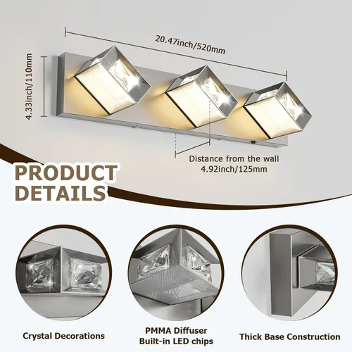 Vista 7 de Joossnwell Lámpara de tocador de baño de níquel cepillado con cristal, iluminación LED regulable de 5CCT para baño, sobre espejo