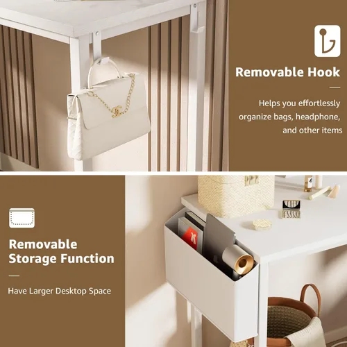 Vista 8 de Set de tocador económico para maquillaje para niñas con espejo y taburete y luces y toma de corriente, mesa de tocador blanca con silla, tocadores