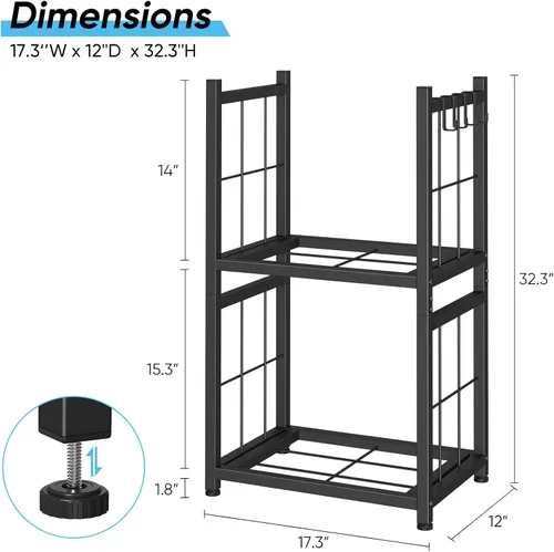 Vista 3 de Estante de leña para interiores, portátil, de 2 niveles, construcción resistente y fácil de montar, estante para leña al aire libre con 4 ganchos