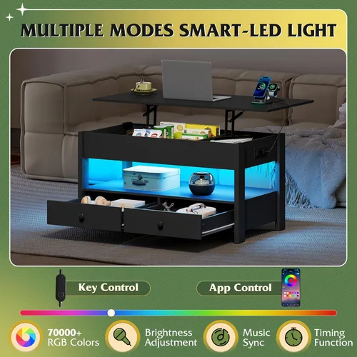 Vista 4 de WLIVE Mesa de Centro, Mesa de Centro con Tapa Elevable con 2 Cajones, Luz LED, Gran Almacenamiento y Estante Abierto, Tapa de Mesa Elevable