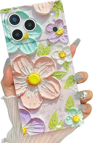 Vista 21 de BANAILOA Funda compatible con iPhone 14 Pro con borde rectangular, bonita funda protectora de lujo con pintura al óleo y flores para mujeres